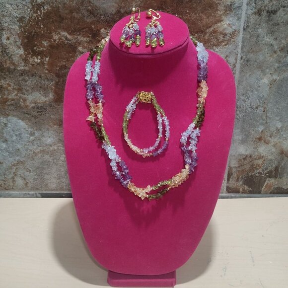 Multi Colored Gemstone Chip Necklace Bracelet Earrings Set - Picture 2 of 11
